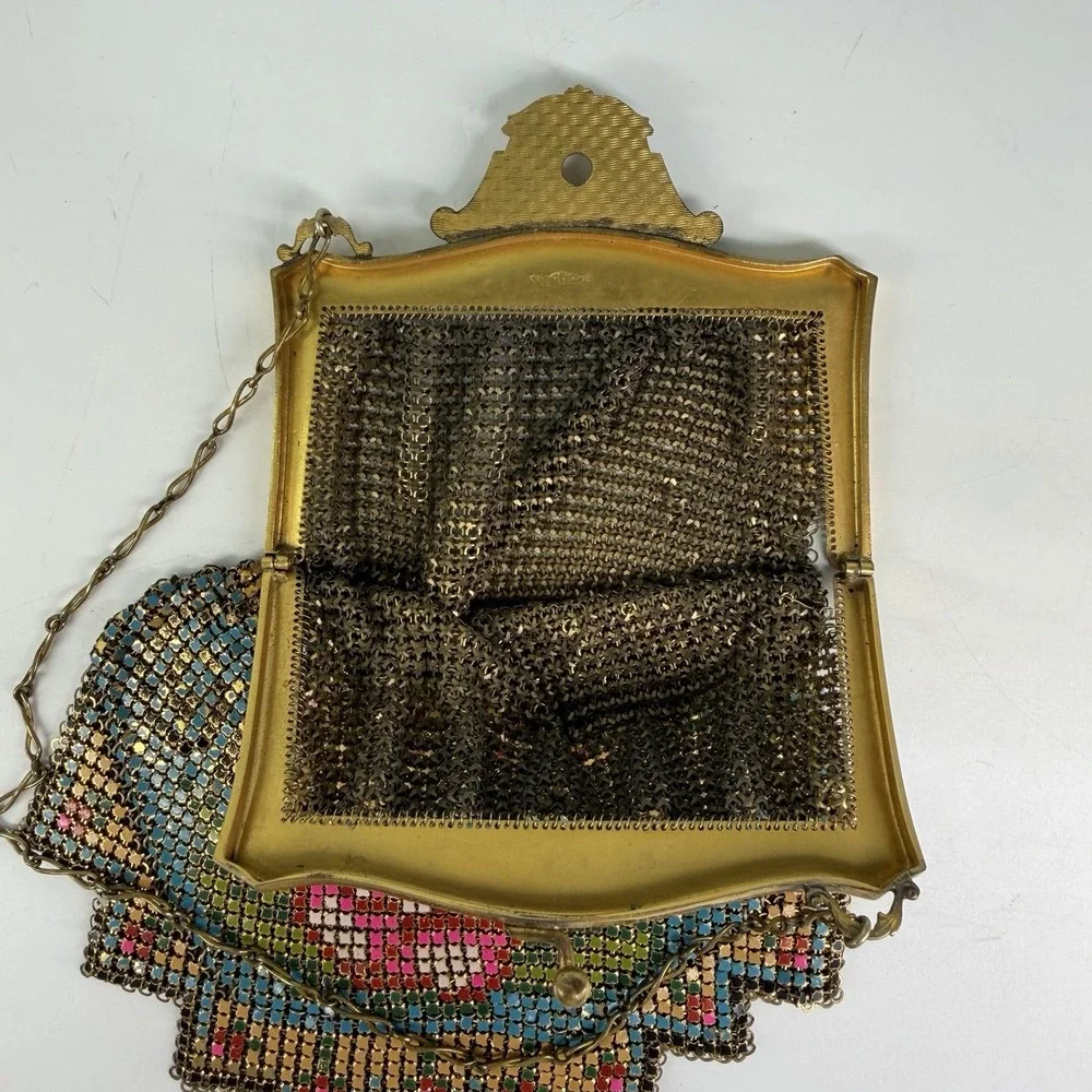 Antique 1920's Whiting & Davis Art Deco Metal Mesh Bag Purse USA Flapper Floral